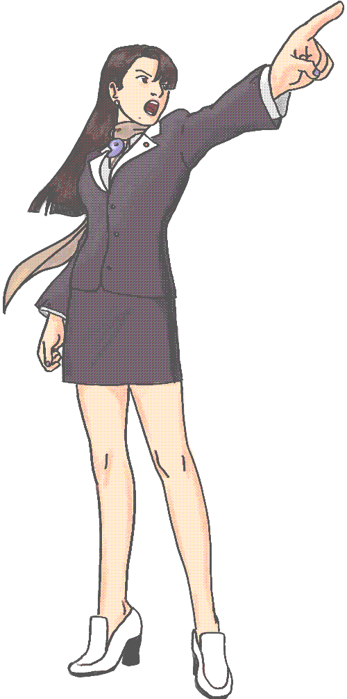 Full-body art of Mia Fey dramatically pointing an objection.